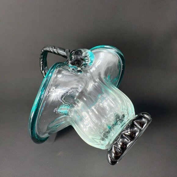 Hand Blown Glass Basket Bowl With Dark Green Edges Handle And Clear Center VTG - Picture 3 of 15